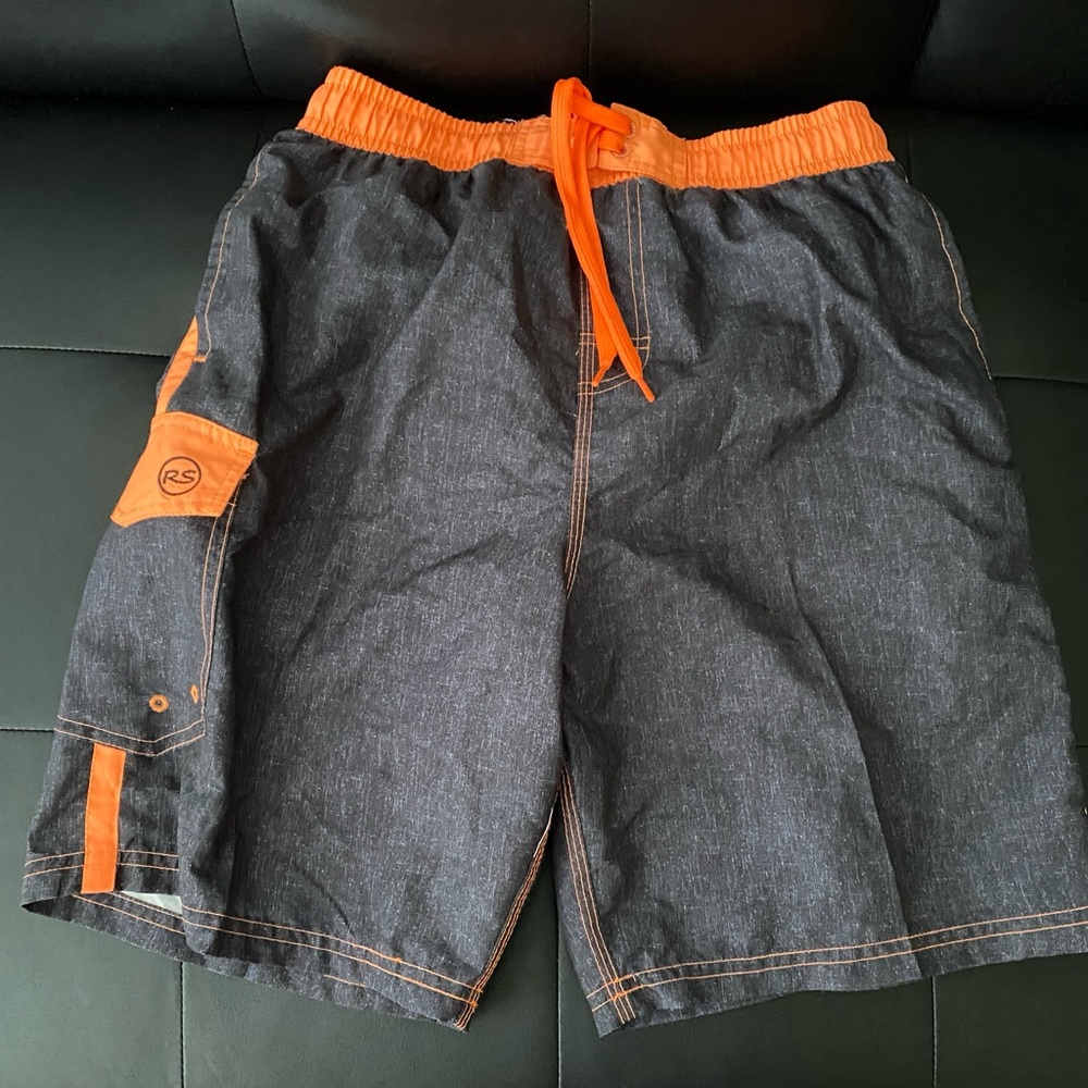 Youth swim trunks, dark denim and orange size 14/16